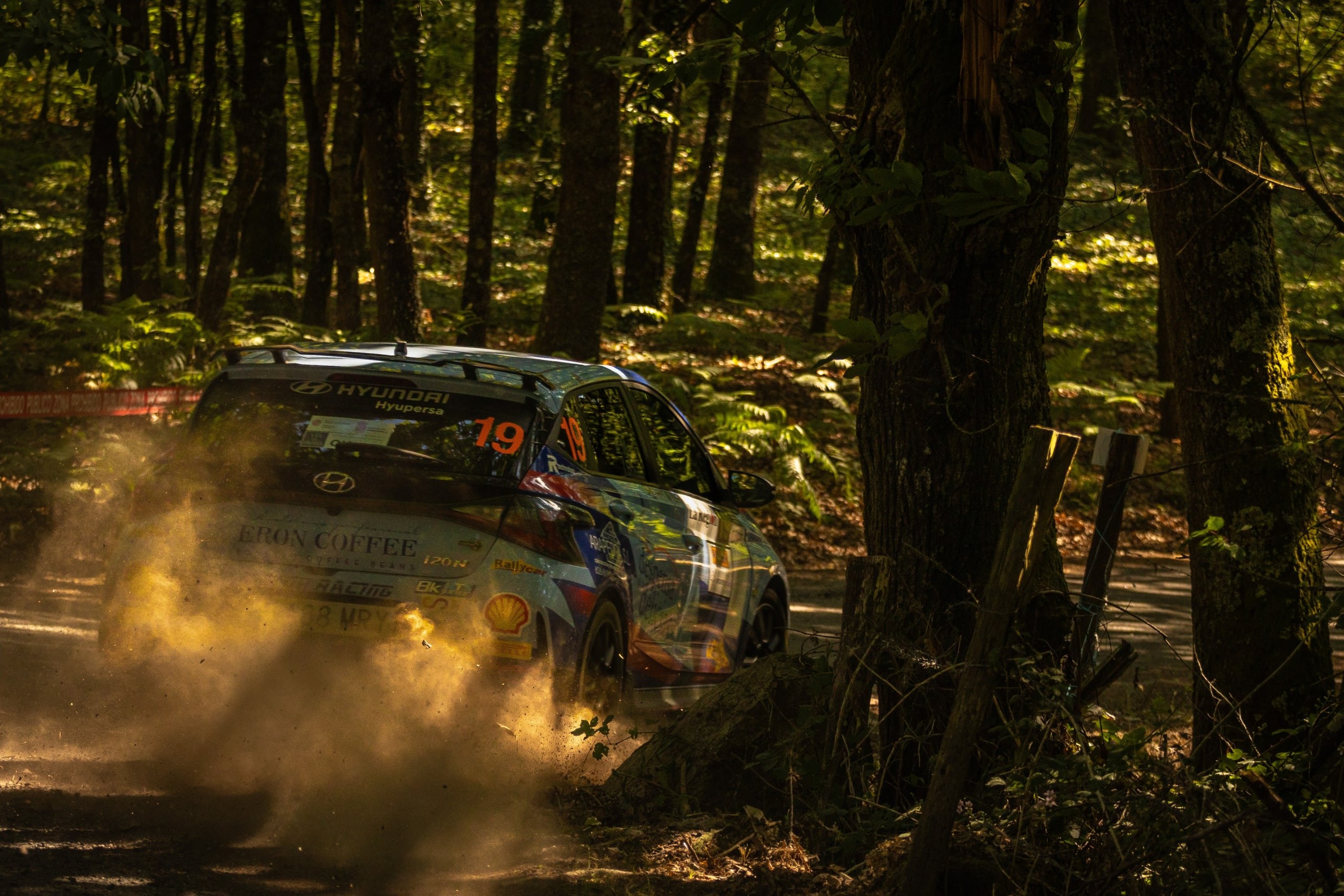 Alejandro Medín con el Hyundai i20N levantando polvo en un tramo de bosque