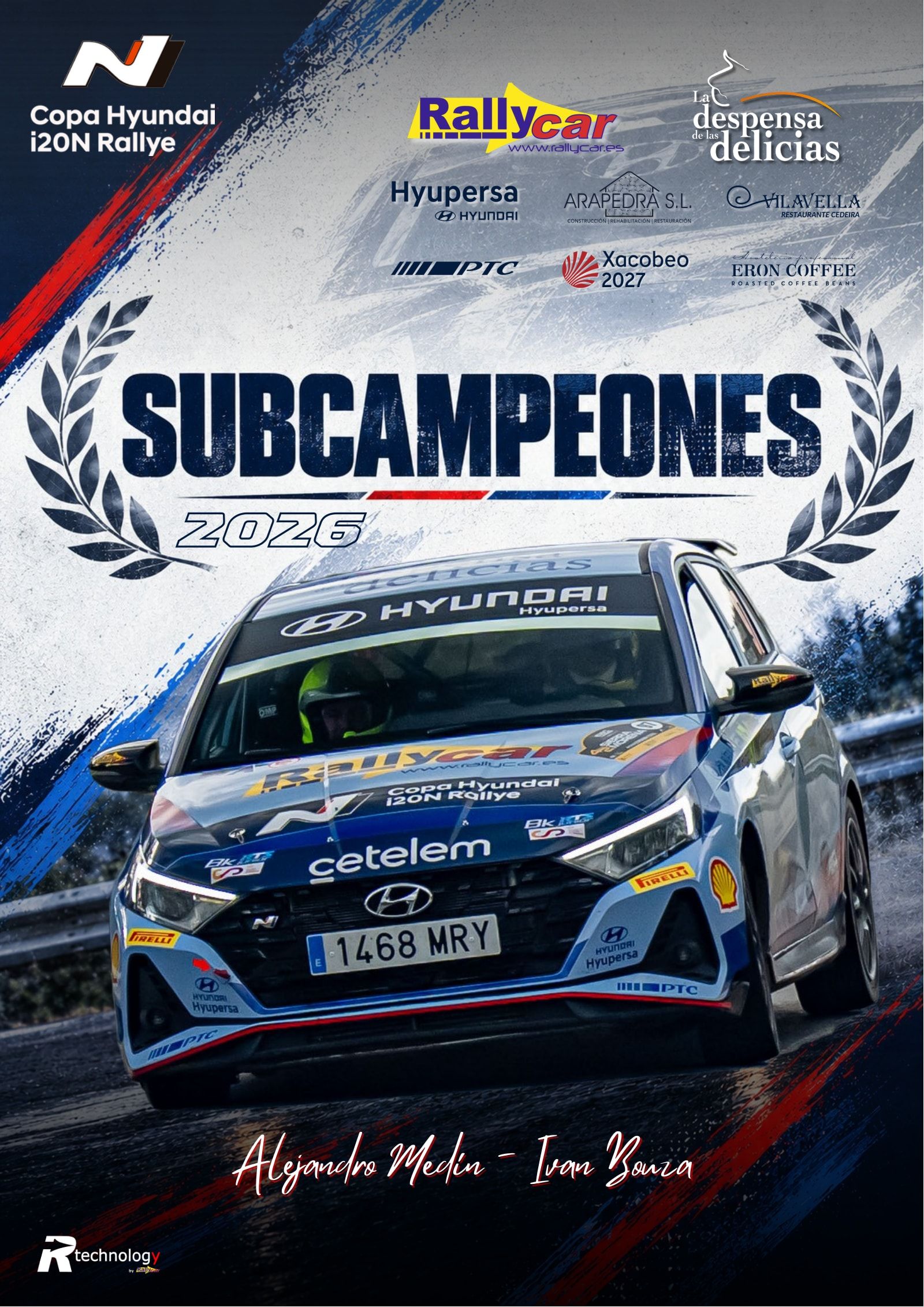 Póster Subcampeones 2026: el Hyundai i20N de Alejandro Medín e Iván Bouza bajo el titular Subcampeones 2026 de la Copa Hyundai i20N Rallye